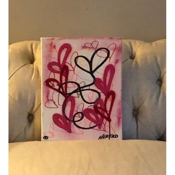 RARE HEKTAD 2017 GRAFFITI ART PINK AND BLACK HEARTS 11" X 14" ORIGINAL PAINTING - Picture 1 of 6